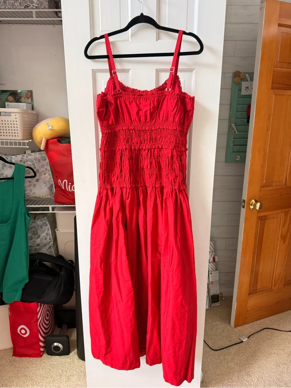 Abercrombie & Fitch Tall Red Smocked Maxi Dress with Spaghetti Straps